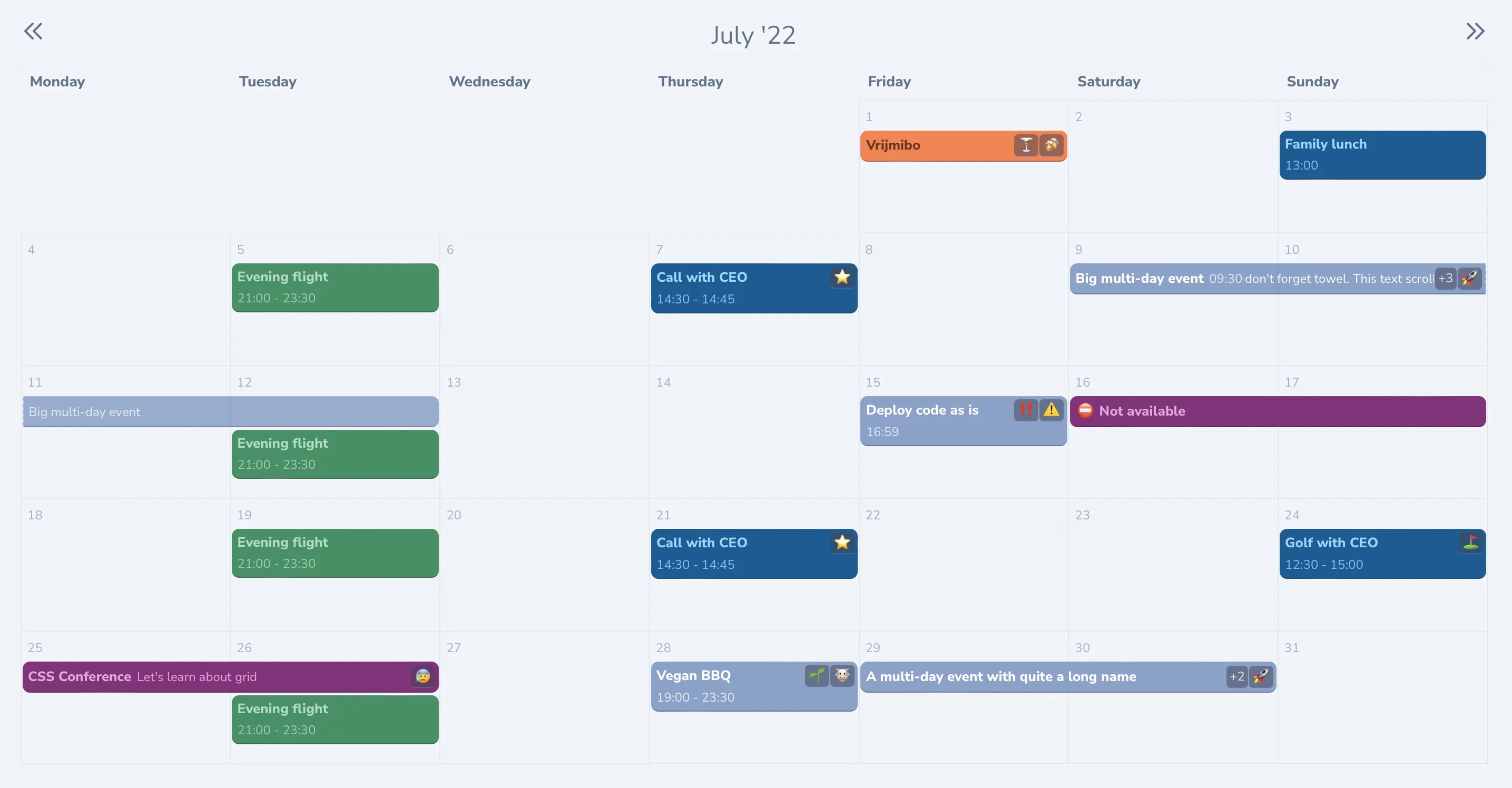 Schermafbeelding van een maandrooster in de roostertool, met diensten en afspraken per dag